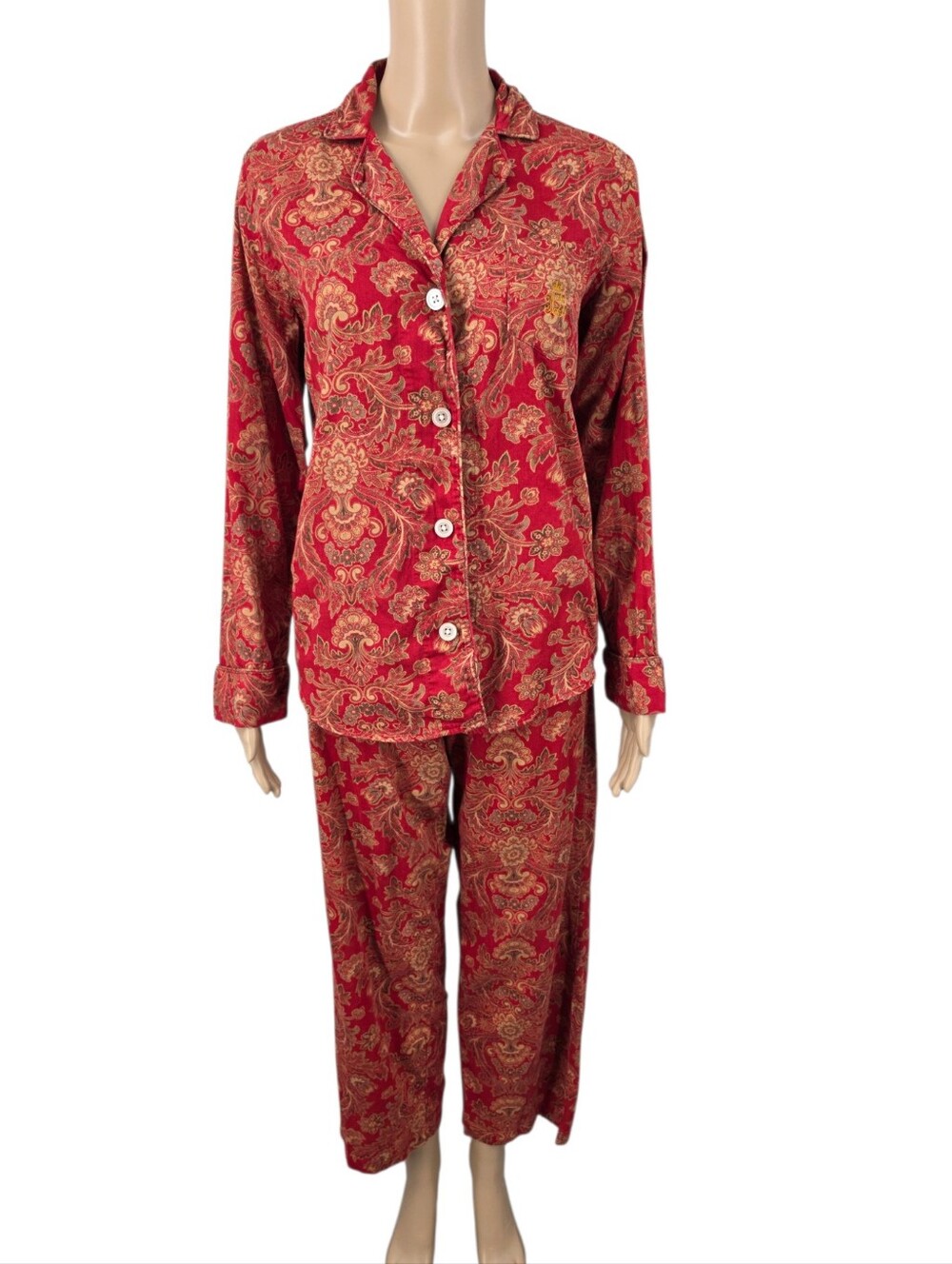 Lauren Ralph Laren Cotton Flannel Pajama PJs Set Deep Red Floral